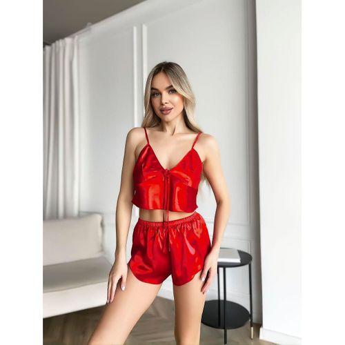 Kırmızı İnce Askılı Saten Şortlu Takım