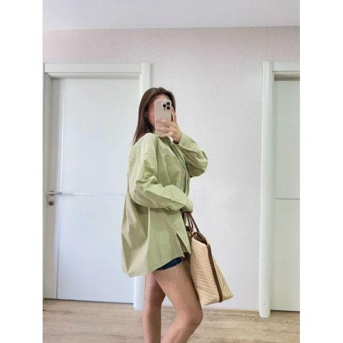 Oversize Pens Detaylı Cepli Yırtmaçlı Rahat Kalıp Poplin Gömlek - Yeşil