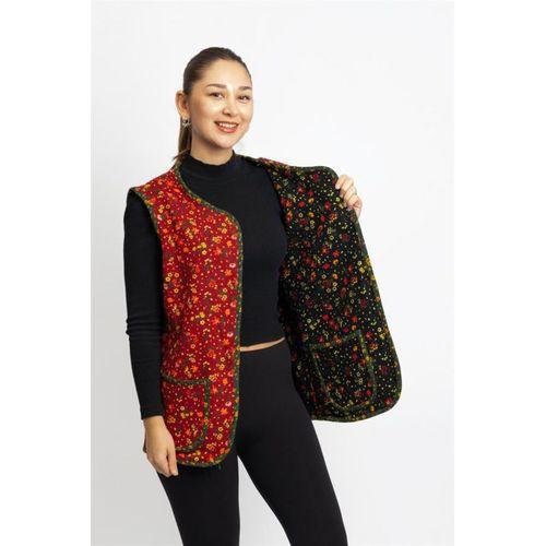 Kolsuz Meryem Çift Taraflı Cepli Pazen Kışlık Yelek Çiçek Siyah/Bordo ÇiçekSyh