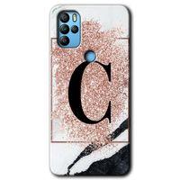 Omix X500 HD Baskılı Kılıf + 9D Tam Ekran Koruyucu - Pembe Mermer Desenli C Harfi