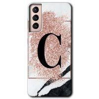 Galaxy S21 Kılıf HD Desen Baskılı Arka Kapak - Pembe Mermer Desenli C Harfi + Kırılmaz Cam