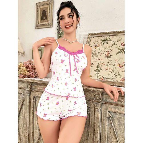 Kadın Beyaz Gül Ve Vişne Desenli Şortlu Gecelik Takım 5113