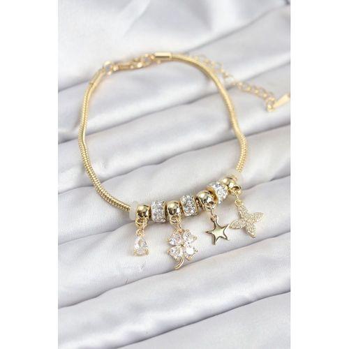 Gold Renk Pirinç Yonca Charmlı Kadın Bileklik