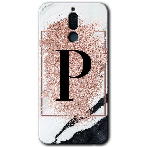 MRCİLETİSİM Huawei Mate 10 Lite Kılıf HD Desen Baskılı Arka Kapak + Temperli Cam - Pembe Mermer Desenli P Harfi