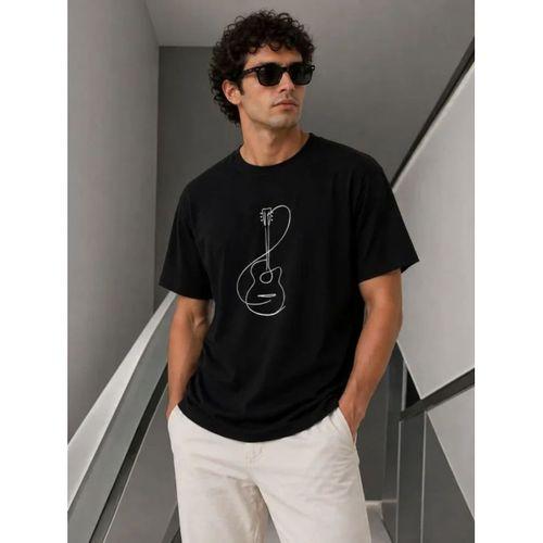 Erkek Minimal Gitar Baskılı Tişört T-Shirt Yazlık Kısa Kol Bisiklet Yaka T-Shirt - Siyah