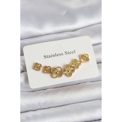 316L Çelik Gold Renk Yonca Küpe Seti