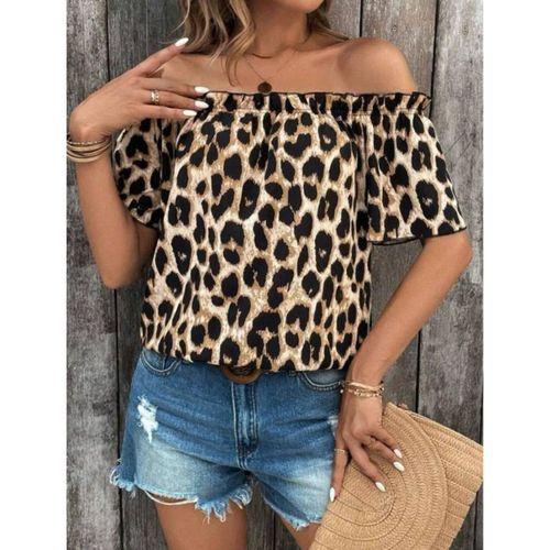 Kadın Madonna Yaka Fırfırlı Leopar Desenli Mikro Kumaş Bluz
