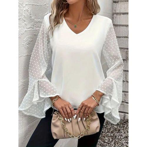 Kadın Uzun Kollu V Yakalı Kolları Ispanyol Detayı Sandy Bluz