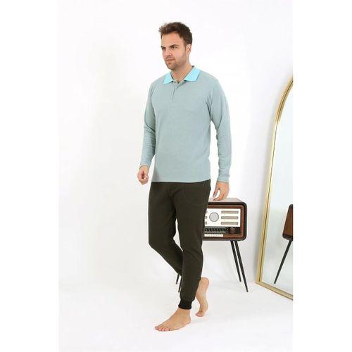Erkek Polo Yaka Uzun Kol Penye Pijama Takımı Su Yeşili