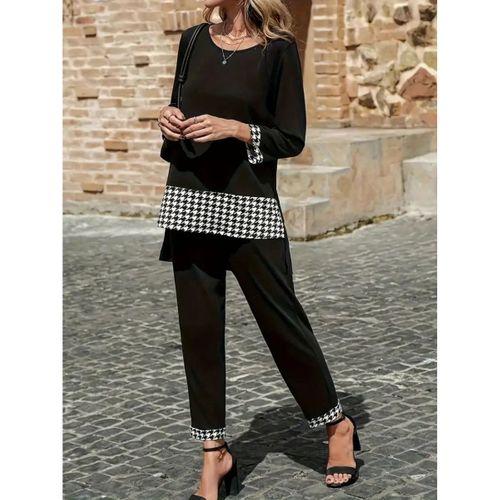 Kadın Uzun Kollu Yuvarlak Yakalı Kaz Ayağı Detaylı Viskon Iki Iplik Bluz Ve Pantolon Ikili Takım