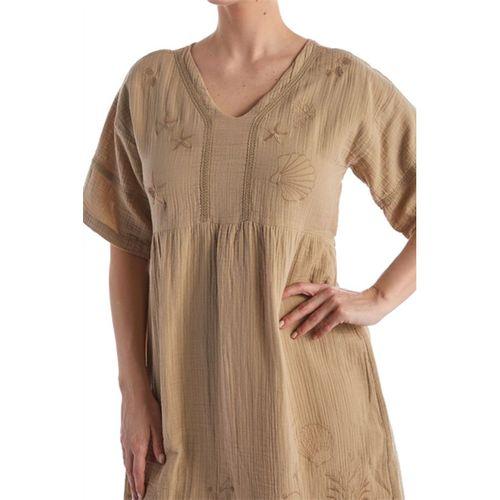 Kısa Kol Vizon V Yaka Nakışlı Midi Boy Müslin Yazlık Elbise