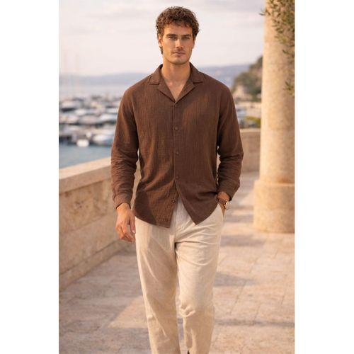 Apaş Yaka Oversize Müslin Kumaş Gömlek - Kahve