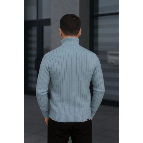 Erkek Balıkcı Yaka Bağazlı Triko Kazak Pamuklu Kalın Fitilli Dokuma, Regular Fit Uzun Kollu Kışlık Model - Bebe Mavisi