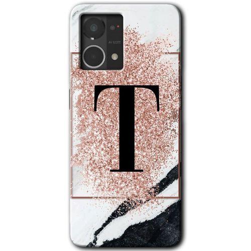 MRCİLETİSİM Oppo Reno 7 4G Kılıf HD Desen Baskılı Arka Kapak+Temperli Cam - Pembe Mermer Desenli T Harfi