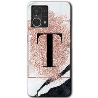MRCİLETİSİM Oppo Reno 7 4G Kılıf HD Desen Baskılı Arka Kapak+Temperli Cam - Pembe Mermer Desenli T Harfi