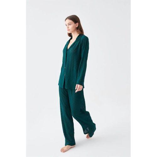 Kadın Zümrüt Yeşili Önden Düğmeli Rahat Kesim Pijama Takımı