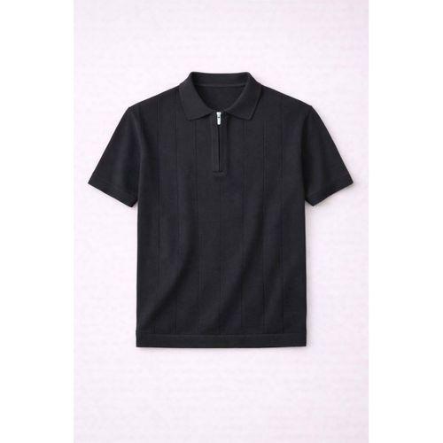 Ritchie Fermuarlı Polo Yaka Dikey Çizgili Kısa Kollu İnce Triko Erkek T-Shirt - Siyah