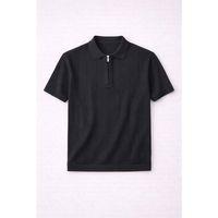 Ritchie Fermuarlı Polo Yaka Dikey Çizgili Kısa Kollu İnce Triko Erkek T-Shirt - Siyah