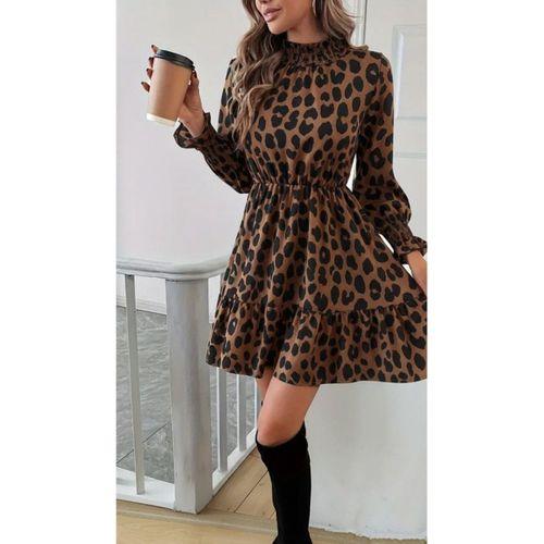 Kadın Uzun Kollu Yarı Balıkçı Yaka Leopar Desenli Modal Mini Elbise