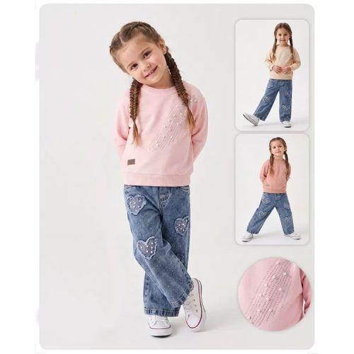 3/6 Yaş İncili Kalp Nakışlı Sweatli Kot Pantolonlu Çocuk Takımı