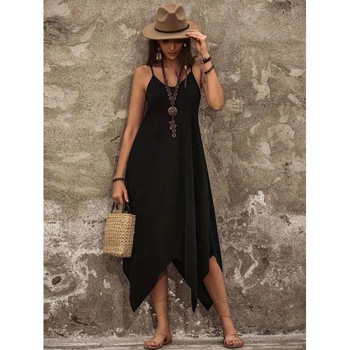 Kadın Askılı V Yakalı Cep Detaylı Asimetrik Kesim Detaylı Viskon Elbise