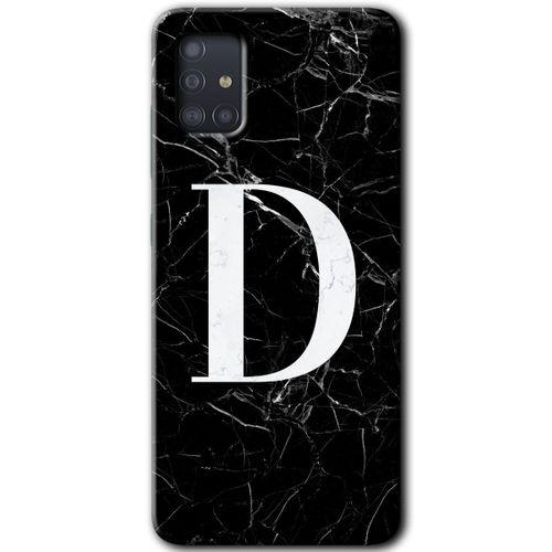 MRCİLETİSİM Samsung Galaxy A51 Kılıf HD Desen Baskılı Arka Kapak + Temperli Cam - Siyah Mermer Desenli D Harfi