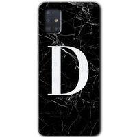 MRCİLETİSİM Samsung Galaxy A51 Kılıf HD Desen Baskılı Arka Kapak + Temperli Cam - Siyah Mermer Desenli D Harfi