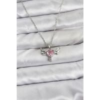 316L Çelik Zincir Gümüş Renk Kanatlı Kalp Model Zirkon Taşlı Kadın Kolye