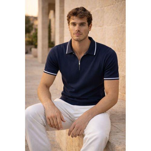 Jared Yakası Şeritli Dik Çizgili Yarım Fermuar İnce Triko Erkek T-Shirt - Lacivert