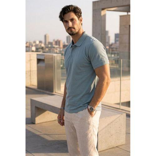 Orlando Polo Yaka Pike Kumaş Relaxed Fit Basic Düğmeli Relaxed Fit Erkek T-Shirt - Açık Mavi