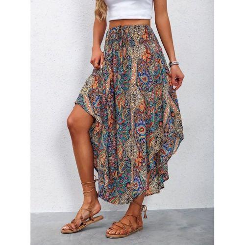 Kadın Beli Lastikli Bağcıklı Asimetrik Kesim Detaylı Desenli Bürümcük Etek