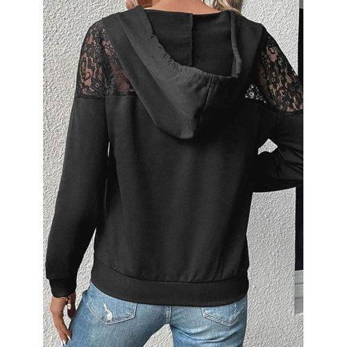 Kadın Uzun Kollu Kapşonlu Bağcıklı Dantelli Viskon Iki Iplik Bluz