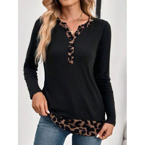 Kadın Uzun Kollu Yakadan Düğmeli Leopar Detaylı Kaşkorse Bluz