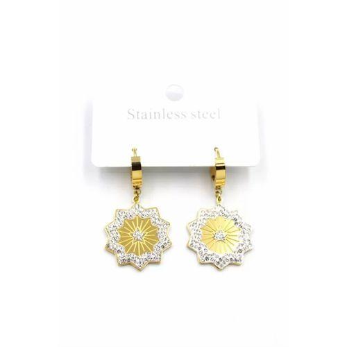 Taşlı Yıldız Çelik Halka Küpe - Altın