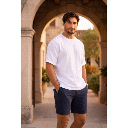 Godard Relax Fit %100 Pamuk Müslin Kumaş Duble Kol Bisiklet Yaka Erkek T-Shirt - Beyaz