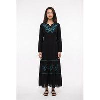 Uzun Kol Venedik Nakışlı Şile Bezi Otantik Uzun Elbise Siyah Syh