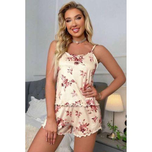 Gül Desenli Askılı Şortlu Yazlık Şort Takım Ryl - S-44