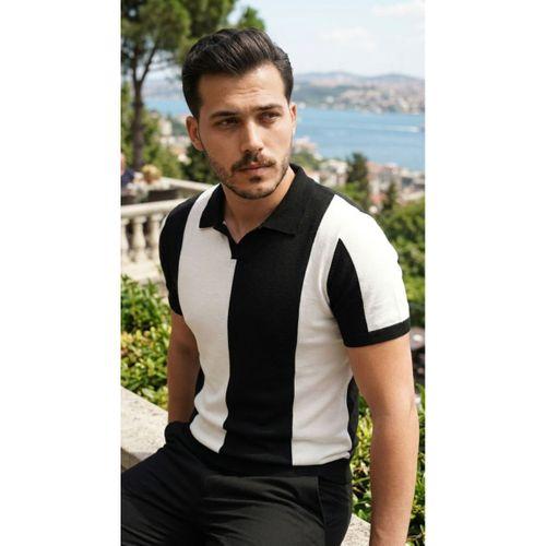 Erkek Kısa Kollu Polo Yakalı Blok Desenli Triko Bluz