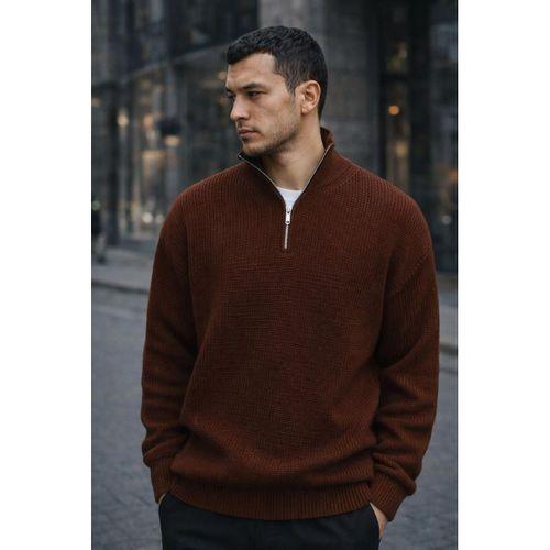 Nolan Oversize Selanik Örgü Yarım Fermuar Erkek Triko Kazak - Kahve