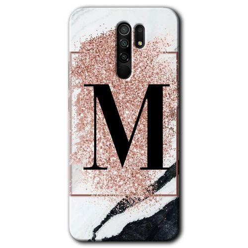 Redmi 9 Kılıf HD Desen Baskılı Arka Kapak - Pembe Mermer Desenli M Harfi + Kırılmaz Cam