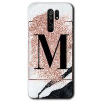 Redmi 9 Kılıf HD Desen Baskılı Arka Kapak - Pembe Mermer Desenli M Harfi + Kırılmaz Cam