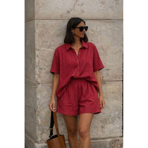 Kadın Kısa Kollu çizgili Modal Kumaş Gömlek Ve Yüksek Bel Lastik Detay şort Ikili Takım