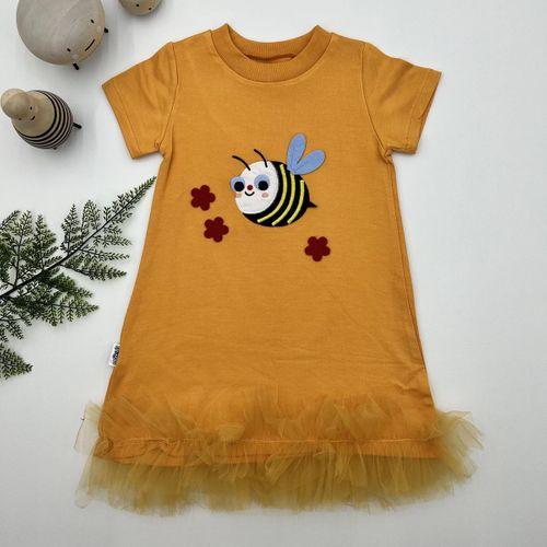 1-2-3 Yaş Arıcık Nakışlı Eteği Fırfırlı Jile Kız Çocuk Elbisesi Turuncu