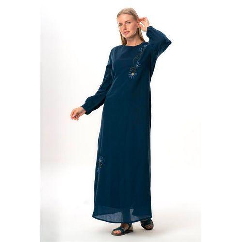 Uzun Kol Şile Bezi Gülşah Bisiklet Yaka Nakışlı Uzun Yazlık Elbise Lacivert Lcvt