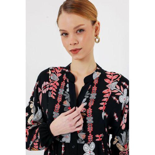 2423 Otantik Desenli Tesettür Elbise - Siyah - Kiremit