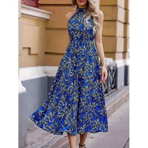 Kadın Omuzlardan Açık Daire Yaka Desenli Maxi Süprem Elbise