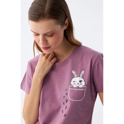 Kadın Mor Patili Tavşan Baskılı Cepli Pijama Takımı