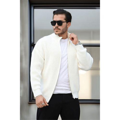 Oversize Selanik Örme Fermuarlı Erkek Hırka- Ekru