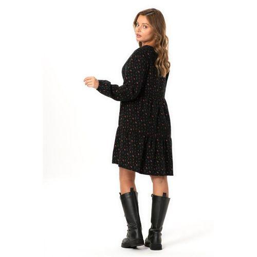 Uzun Kol Alara Çiçek Desenli V Yaka Pazen Kısa Kışlık Elbise Siyah Syh