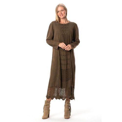 Uzun Kol Sena Etnik Desenli Sonbahar ve Kışlık Uzun Triko Elbise Kahve Khv